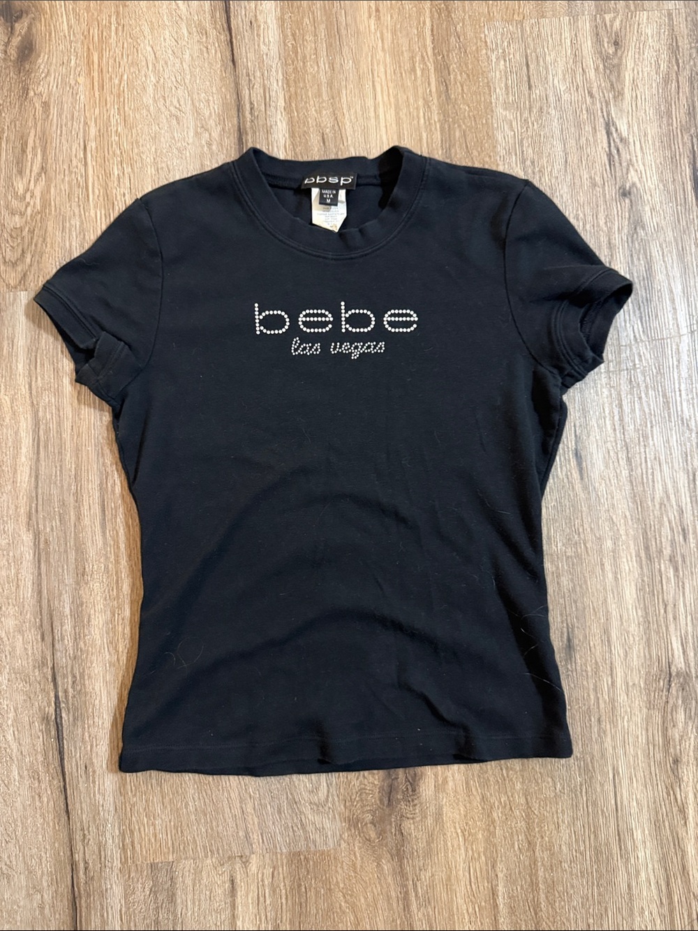 bebe Black Rhinestone Logo Short Sleeve Tee
